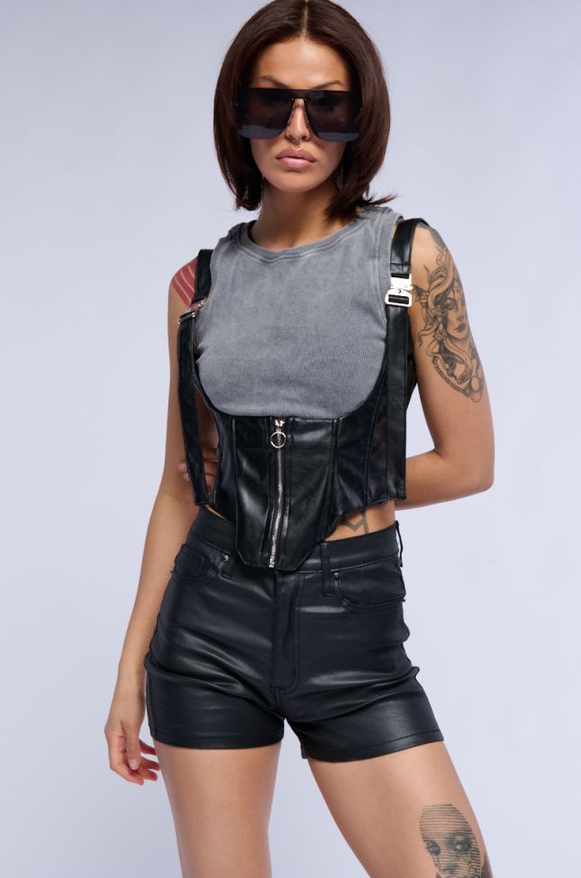 Front View Buckle Up Baby Faux Leather Corset Tank Top