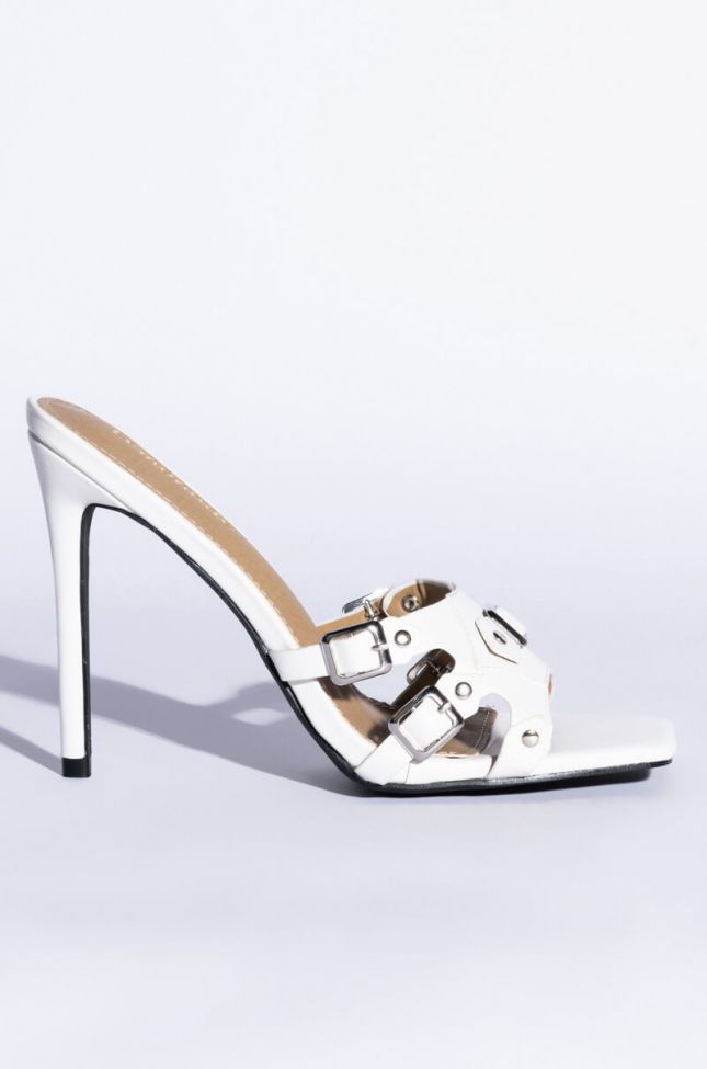 Back View Buckle Up Stiletto Mule Sandal In White