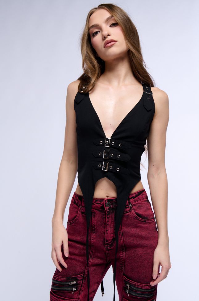Front View Buckled Up Crop Open Back Vest