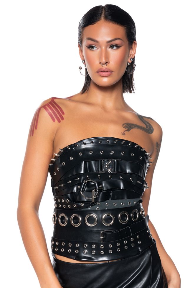 Front View Buckled Up Faux Leather Spiked Corset Top