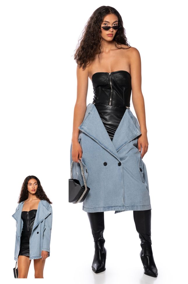 Detail View Business In The Front Convertible Denim Blazer Midi Dress