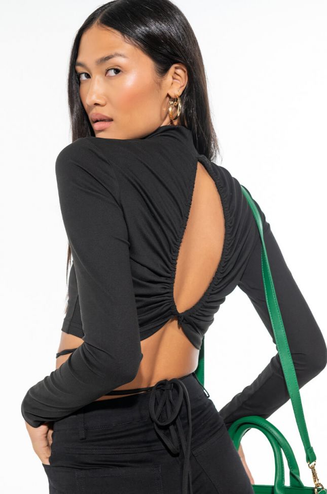Side View Business In The Front Mock Neck Crop Top