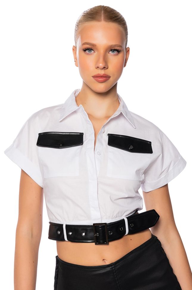 Front View Button Down Short Sleeve Shirt With Belt Detail