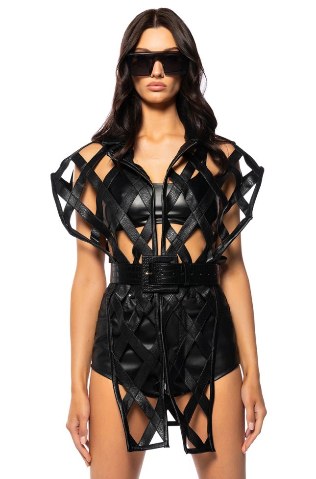 Front View Caged Pu Moto Vest With Front Drape