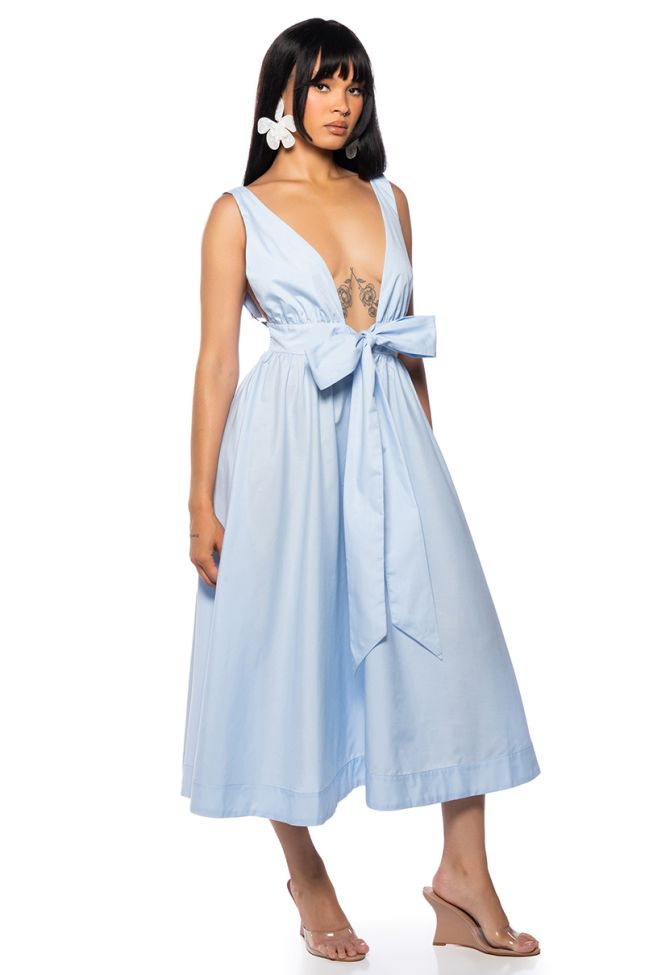 Front View Caiden Tie Front Midi Dress In Blue
