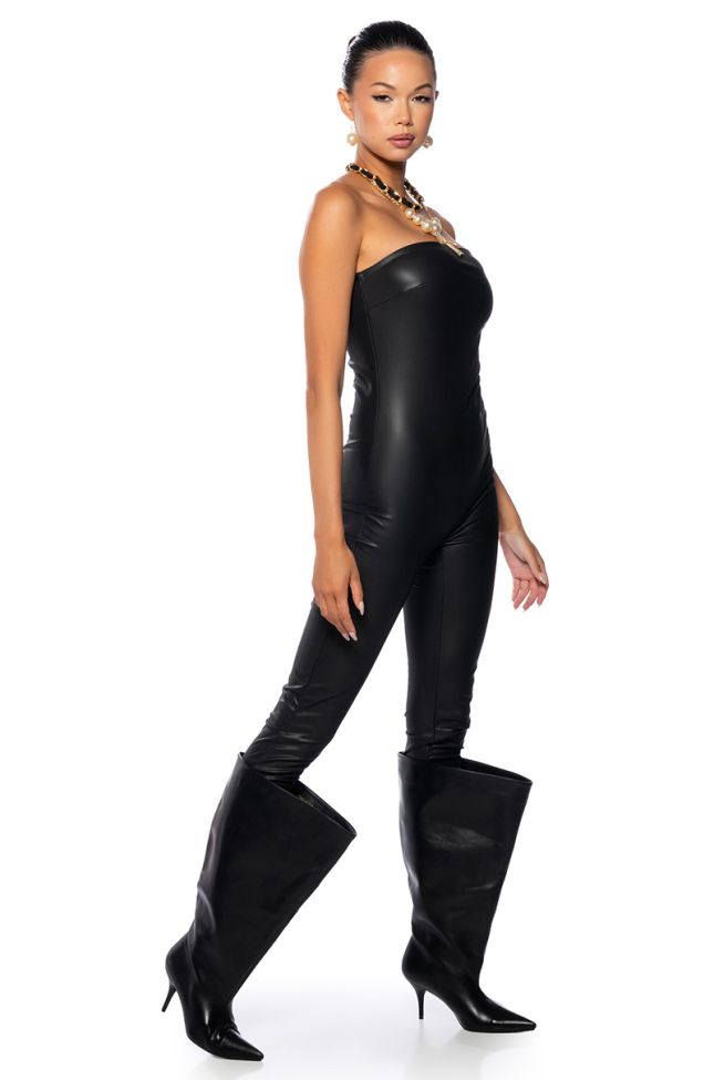 Side View Cali Girl Strapless Faux Leather Jumpsuit