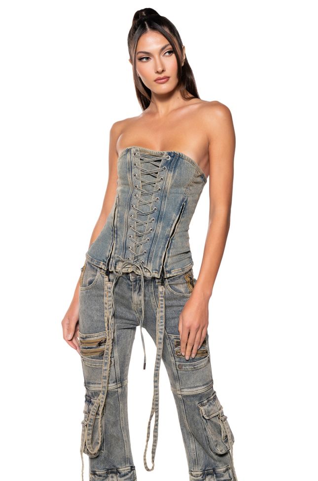 Front View California Girl Lace Up Denim Corset Top