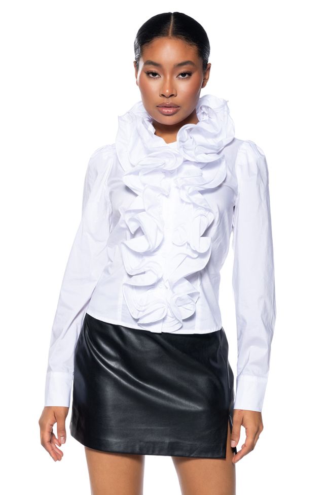 Front View Calista Statement Ruffle Collar Button Down Blouse
