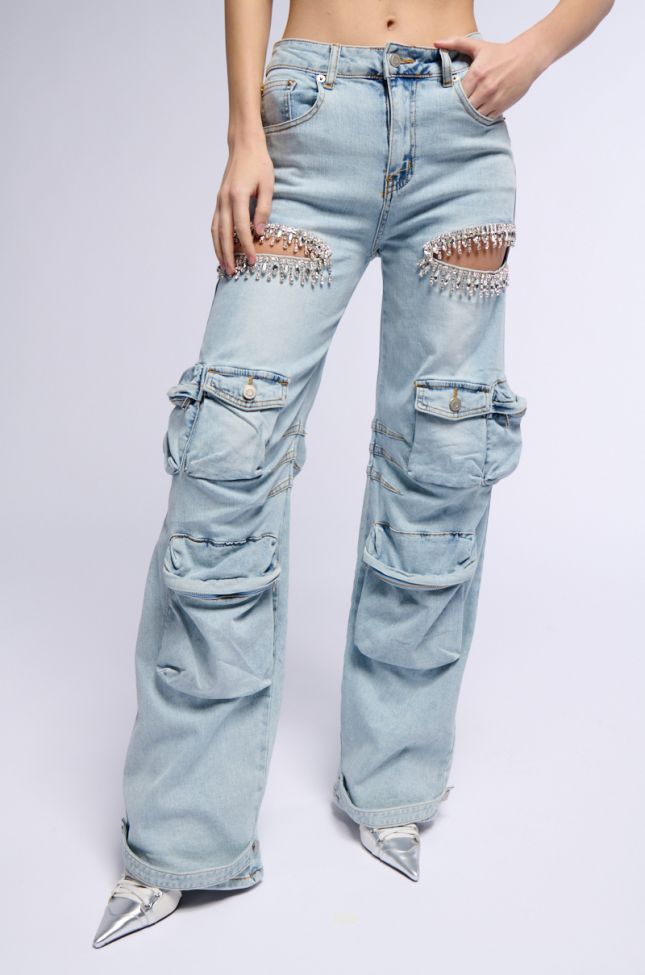 Front View Calling The Shots Cargo Denim With Rhinestones