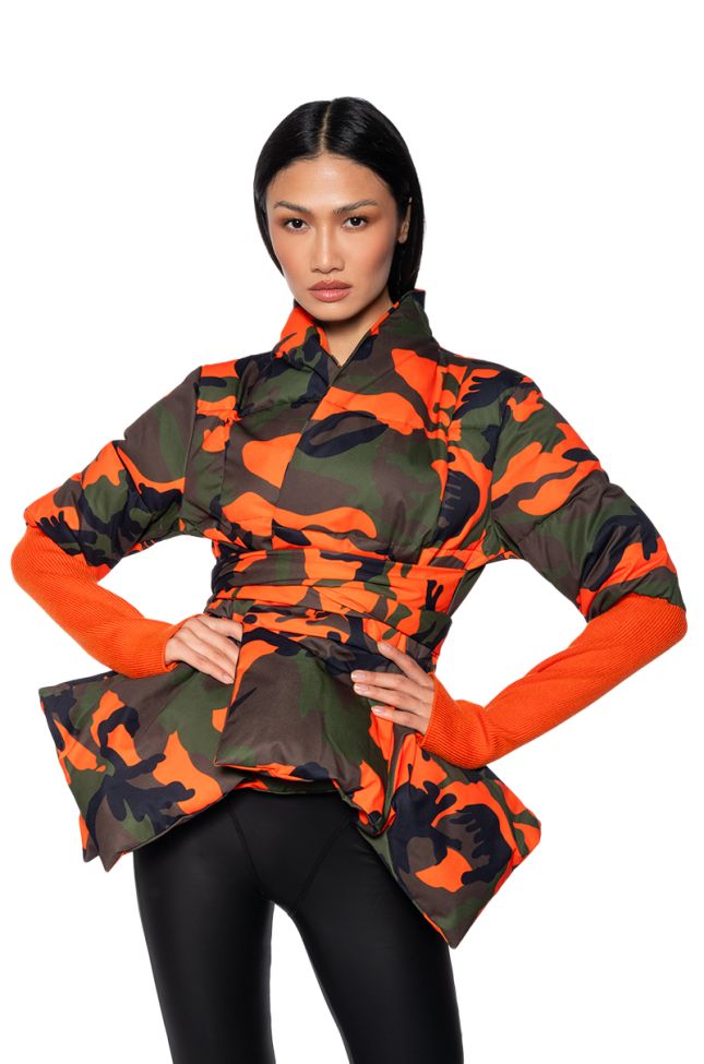 Front View Camo Peplum Puffer Jacket With Ribbed Thumbhole Sleeves