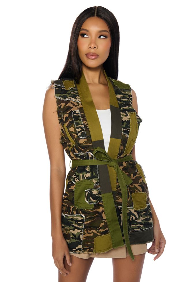 Front View Can You Dig It Camo Patchwork Vest