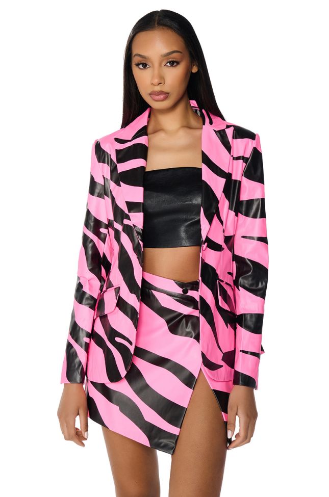 Front View Cant Be Tamed Faux Leather Blazer In Pink