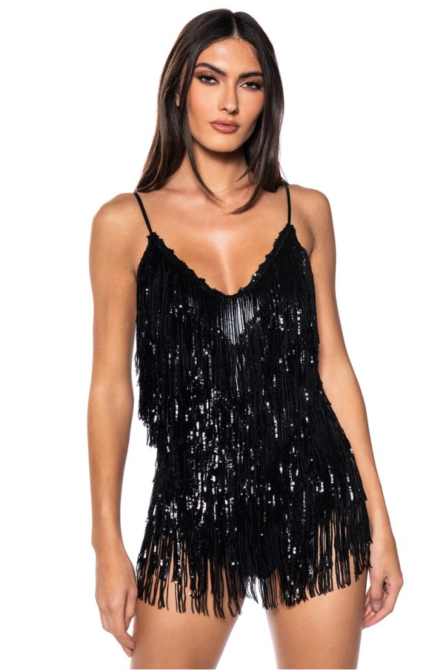 Front View Cant Beat This Sequin Fringe Bodysuit In Black