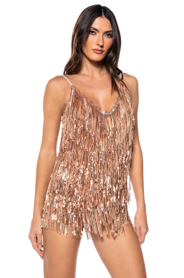 Back View Cant Beat This Sequin Fringe Bodysuit In Champagne