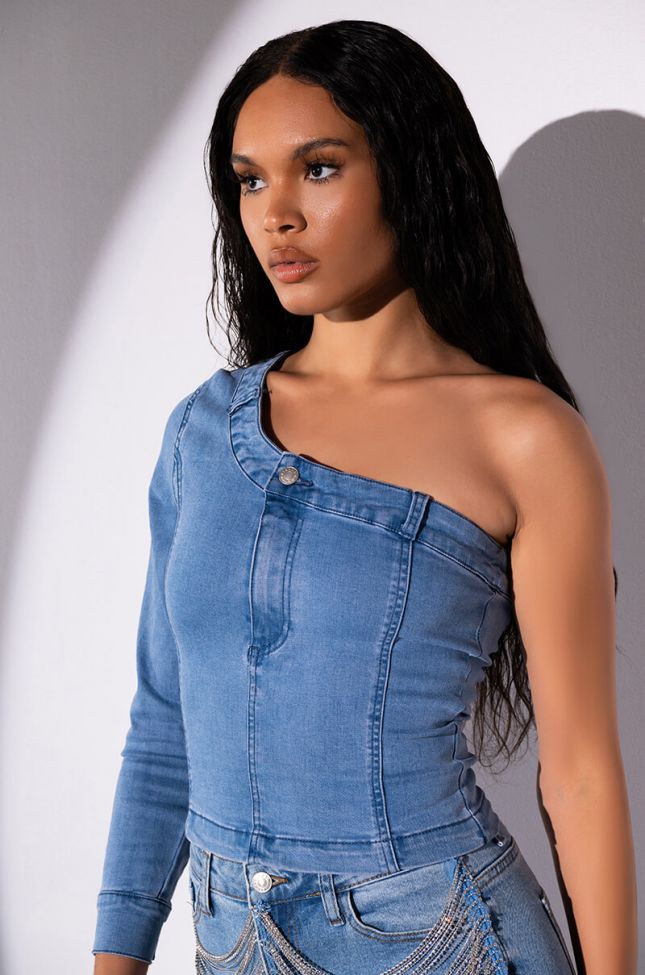 Front View Cant Deny One Sleeve Denim Top