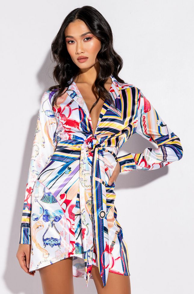 Front View Cant Stop Scarf Print Shirt Dress