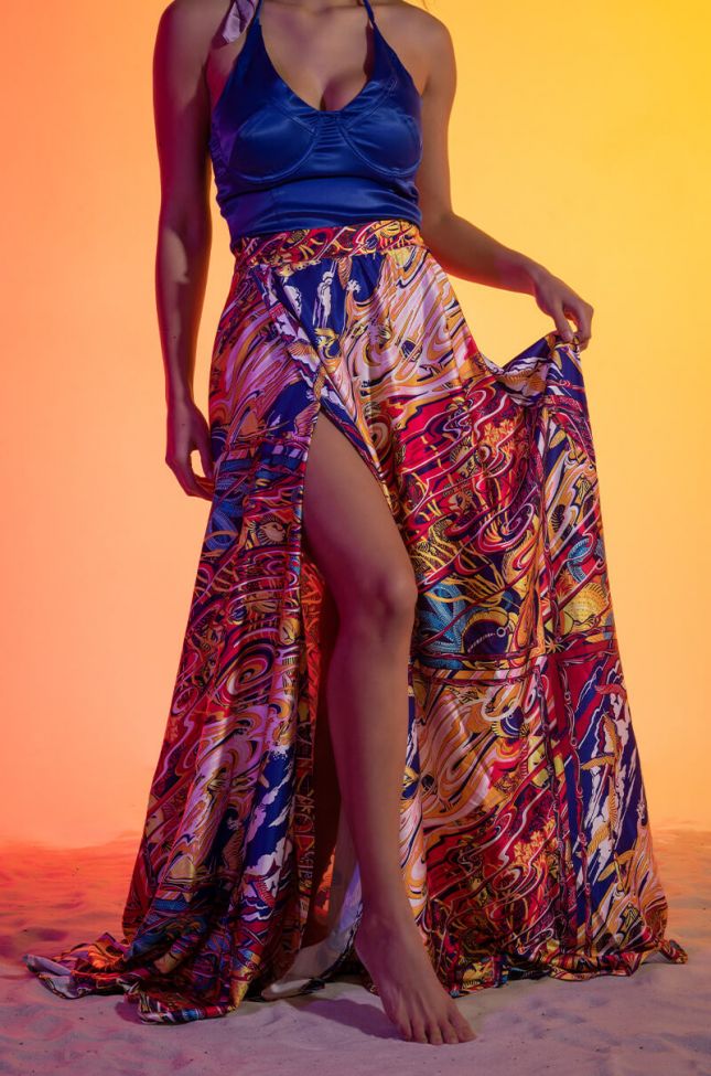 Front View Caribbean Vibes Satin Maxi Skirt