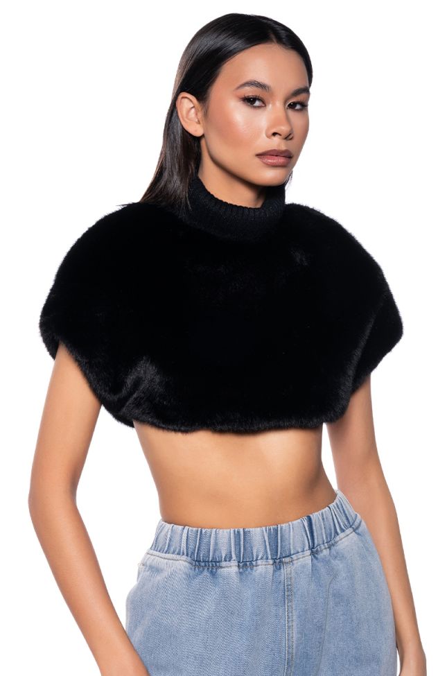 Front View Carissa Mock Neck Cropped Fur Shirt In Black