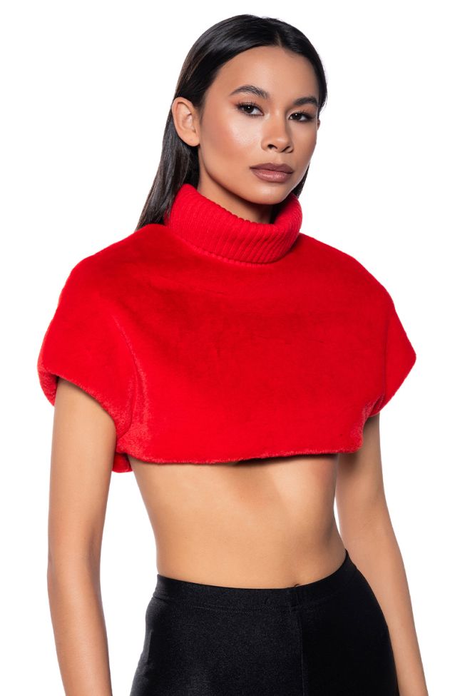 Front View Carissa Mock Neck Cropped Fur Shirt In Red