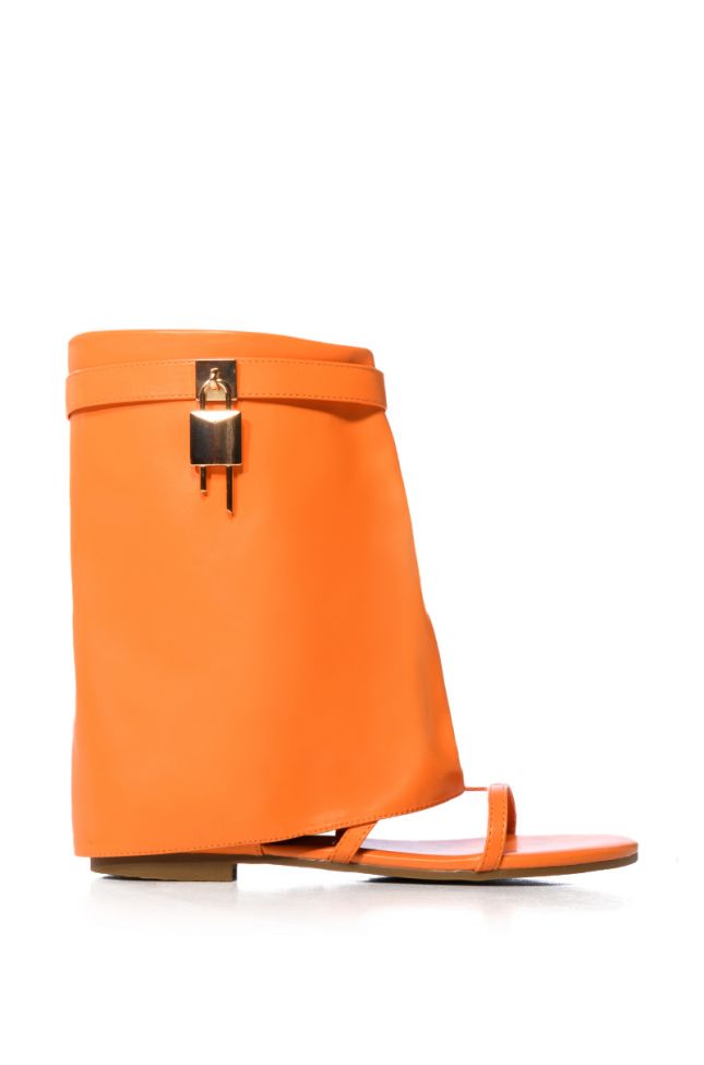 Side View Carla Fold Over Flat Bootie Sandal In Orange