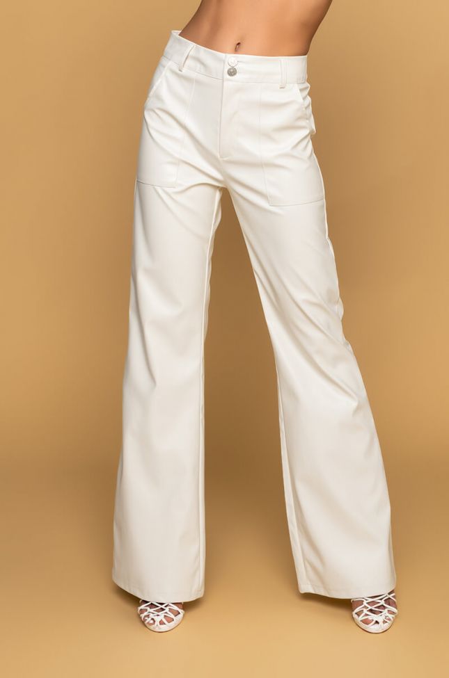Front View Caroline High Waisted Pleather Wide Leg Pants in White