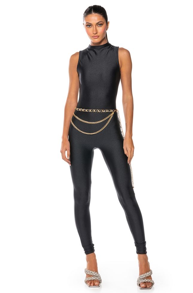 Front View Case Closed Sleeveless Mock Neck Jumpsuit In Black