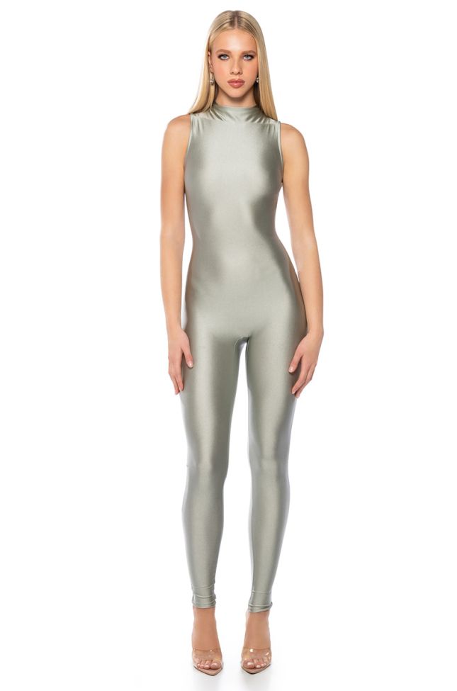Front View Case Closed Sleeveless Mock Neck Jumpsuit In Grey
