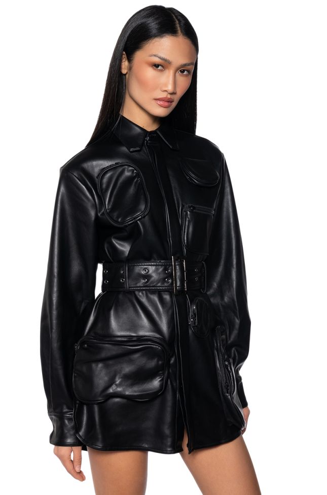 Front View Caspian Faux Leather Belted Utility Mini Dress
