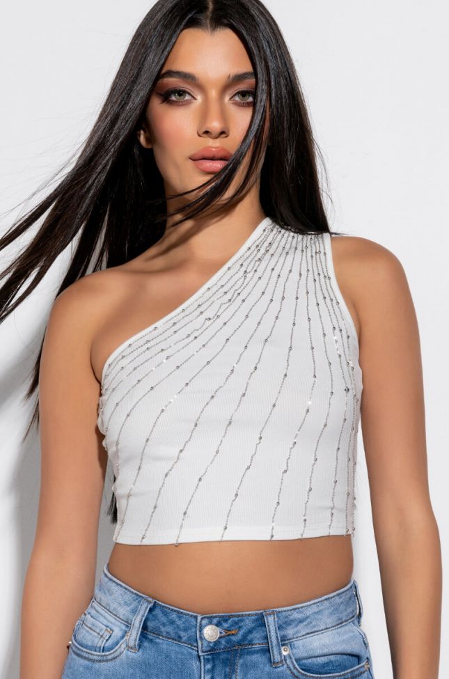 Front View Casual Slay Ribbed One Shoulder Crop Tank