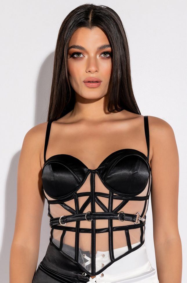 Front View Catch My Drift Mesh Panel Satin Bustier