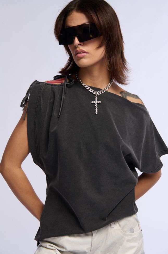 Front View Catie Boat Neck Asymmetrical Tshirt