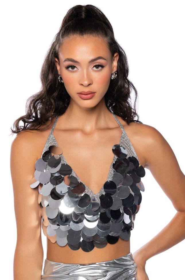 Front View Caught In The High Life Sequin Crochet Crop Top