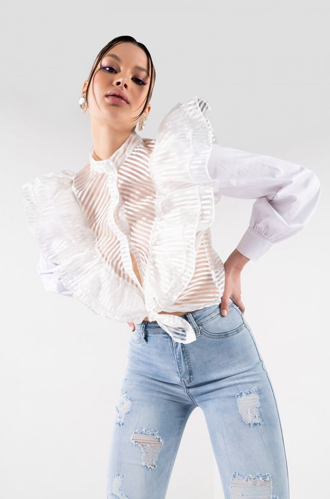Front View Center Of The Ring Ruffle Button Down Blouse