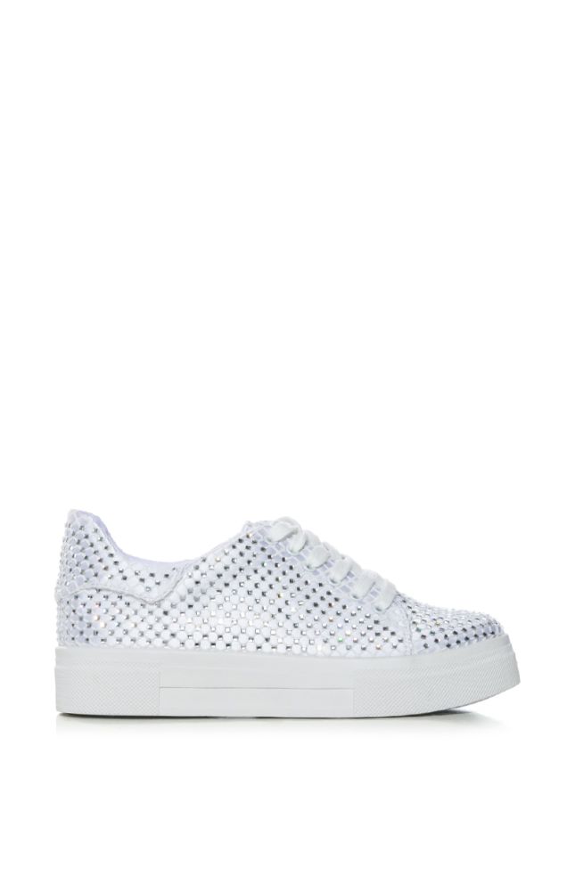 Side View Center Stage Flat Sparkle Sneaker In White