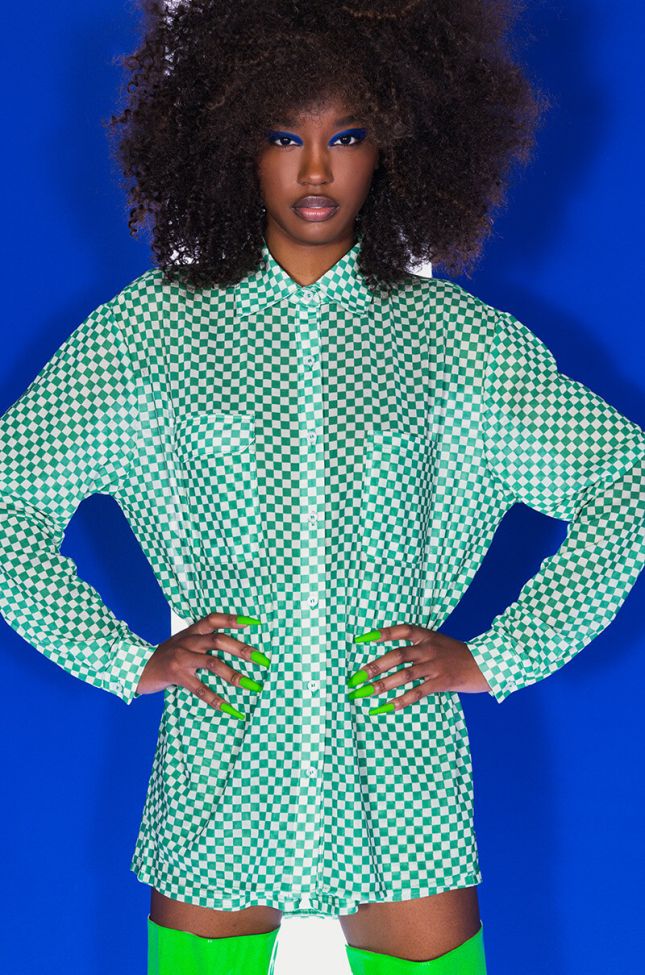 Side View Central Park Gingham Mesh Button Down Blouse