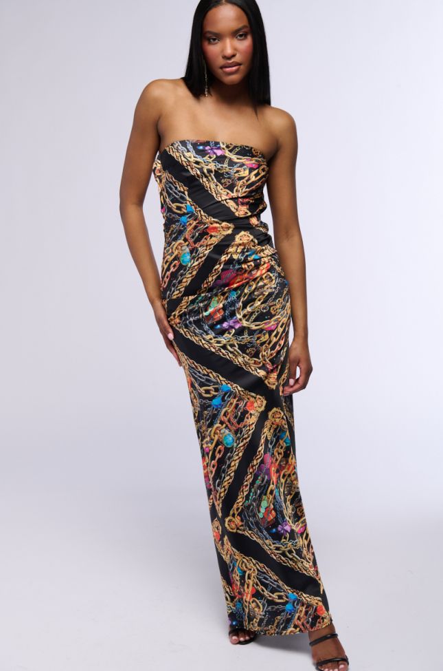 Front View Chainmail Satin Maxi Dress