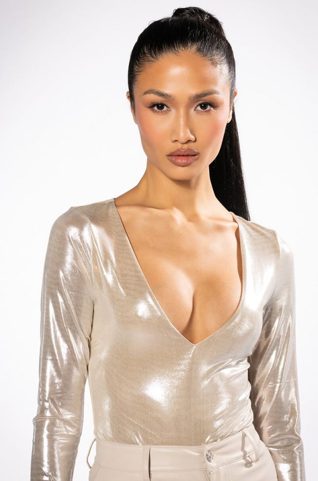Front View Champagne Showers Metallic Bodysuit