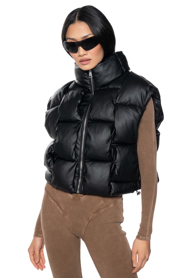 Front View Chaos Pu Weave Crop Puffer Vest