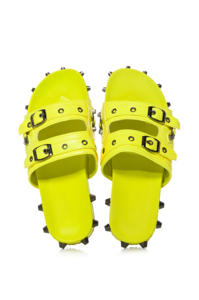 Side View Chaotic Studded Flat Sandal In Lime