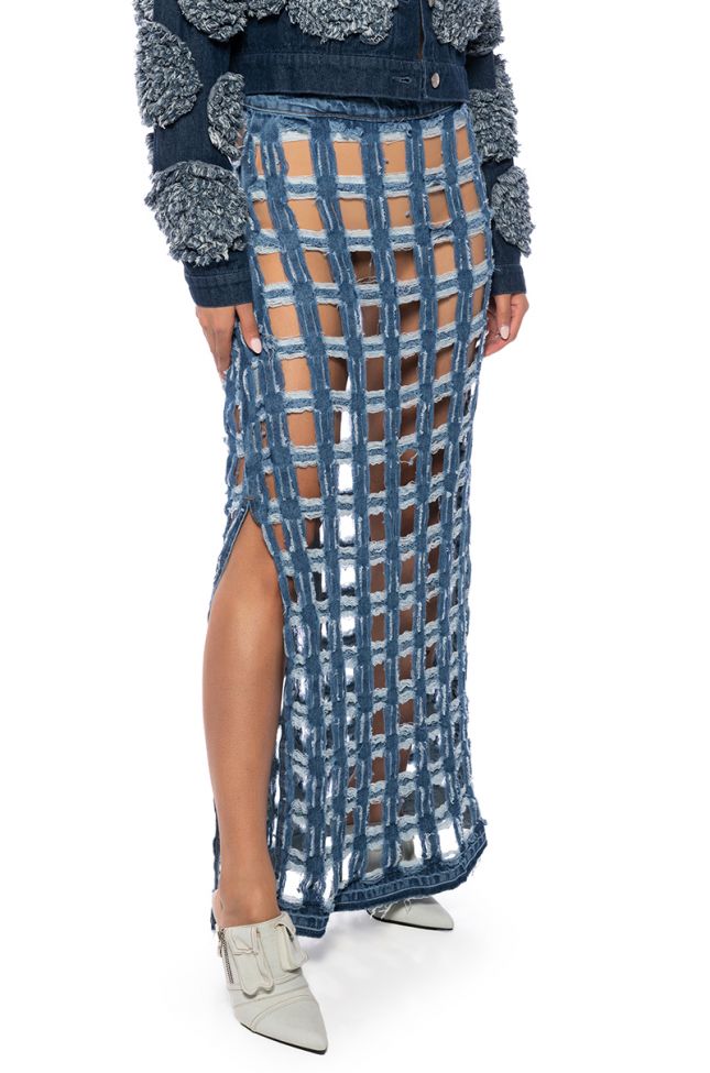 CHECK ON ME CUT OUT DENIM MAXI SKIRT