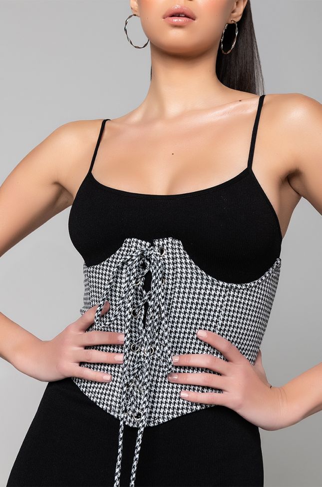 Detail View Checkmate Lace Up Corset in Black White