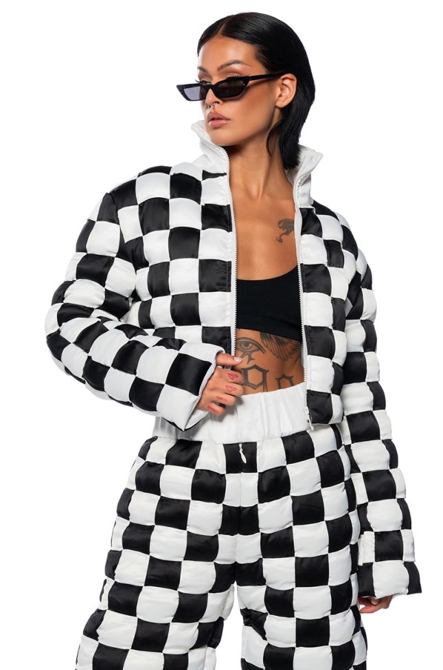 Front View Checkmate Woven Crop Bomber