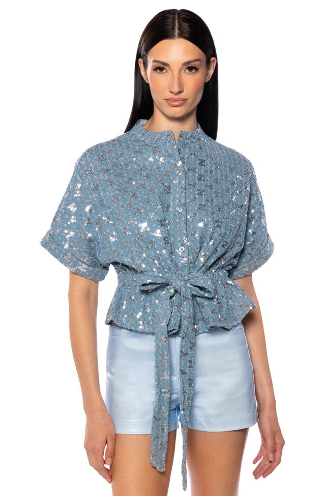 CHECKS NOT CHESS SEQUIN BELTED BLOUSE