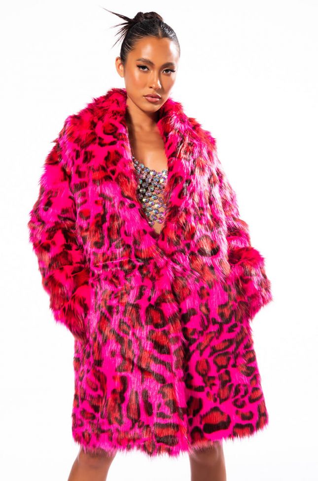 Side View Cheetah Dynasty Pink Multi Faux Fur Jacket