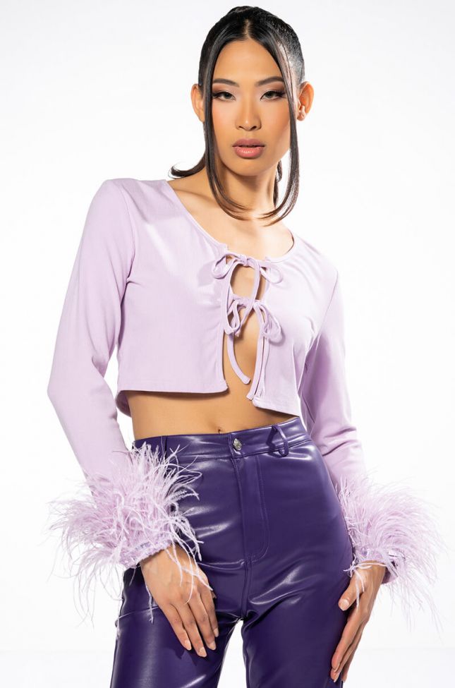 Front View Cher Tie Front Feather Cuff Long Sleeve Top