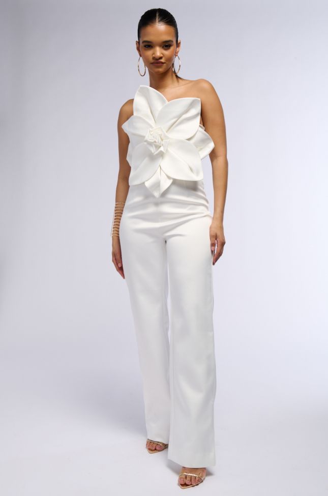 Side View Cherry Blossom Strapless Statement Jumpsuit In White