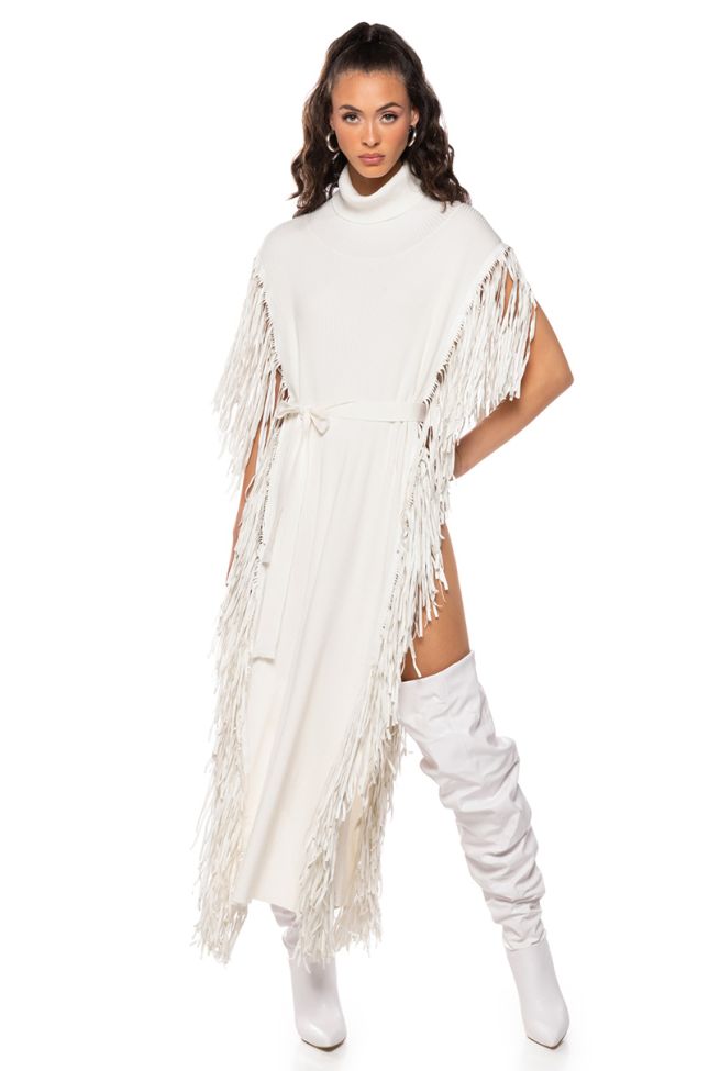 Extra View Cheyenne Faux Leather Fringe Belted Sweater In Ivory