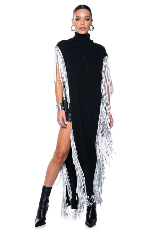 Extra View Cheyenne Faux Leather Fringe Belted Turtleneck
