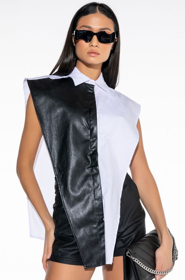 Front View Chic Of The Week Faux Leather Panel Button Down Sleeveless Blouse