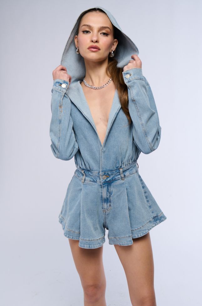 Front View Chill Morning Hooded Denim Romper